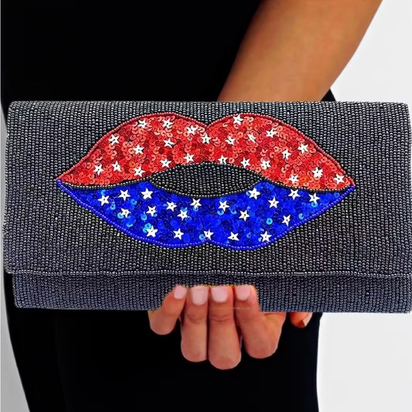 New American Patriotic Black Beaded Clutch with Red and Blue Lip Design - Picture 1 of 4